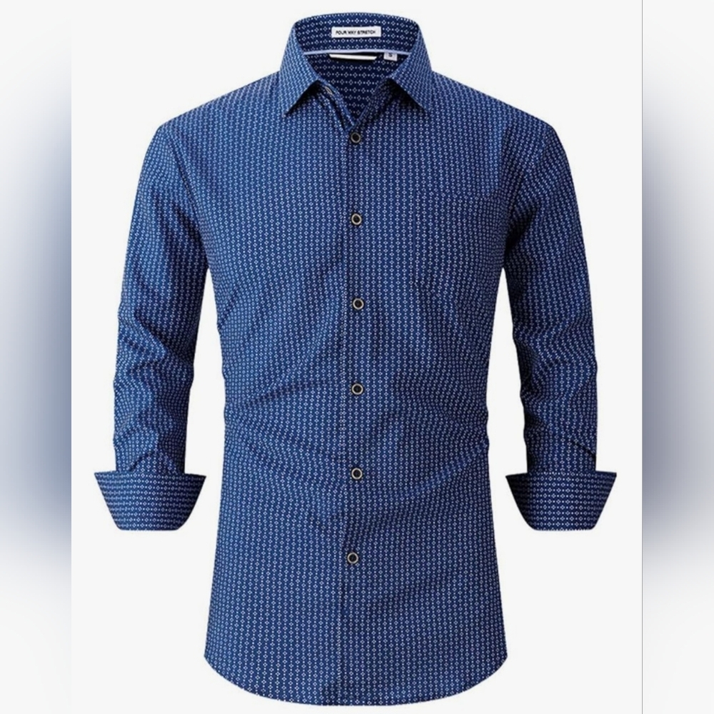 Men's Navy Patterned Button Down Fitted Shirt Size Large Silky Feel Light Weight